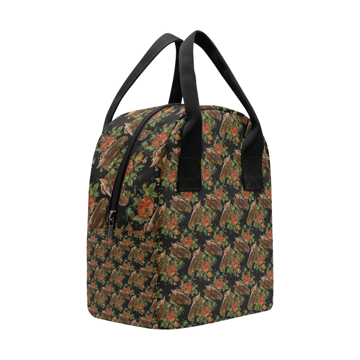 Horse Embroidery with Flower Design Insulated Lunch Bag