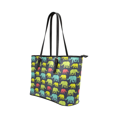 Elephant Neon Color Print Pattern Leather Tote Bag