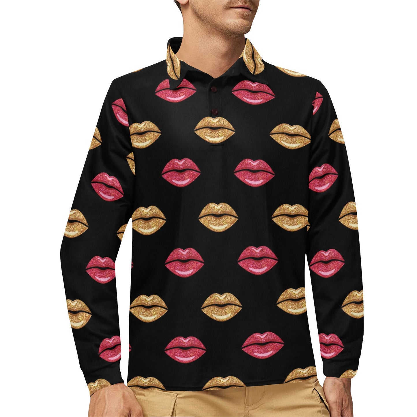 Lip Pattern Print Design 03 Long Sleeve Polo Shirt For Men's