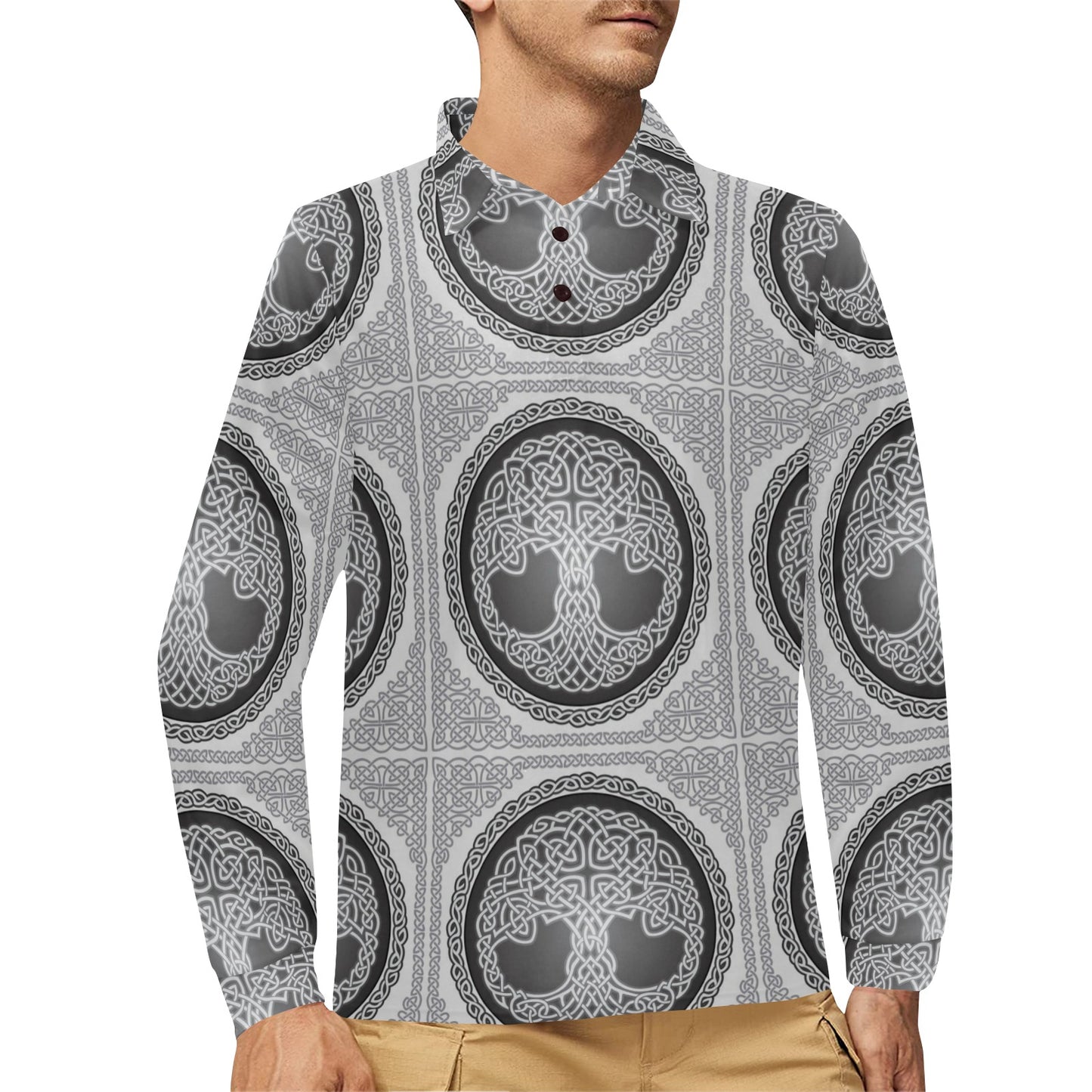 Celtic Tree of life Print Long Sleeve Polo Shirt For Men's