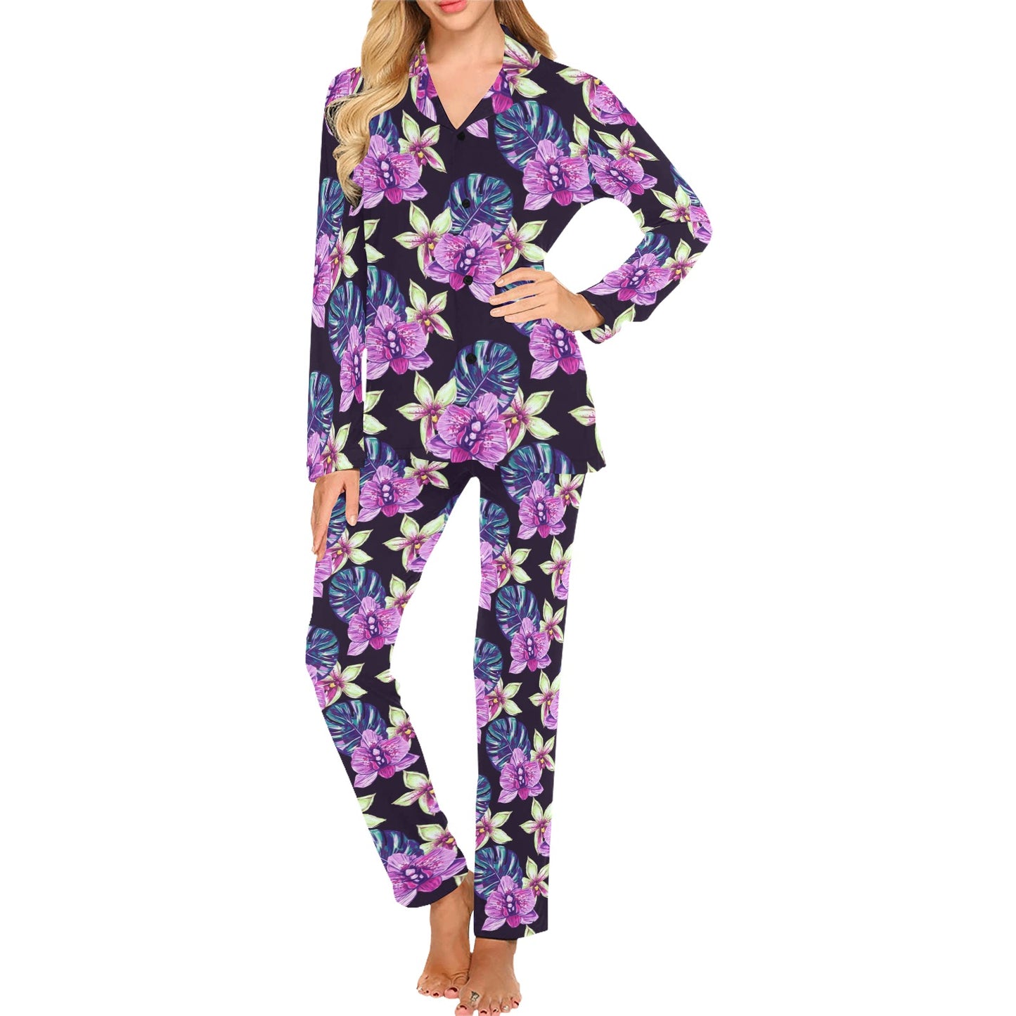Orchid Pattern Print Design OR010 Women's Long Pajama Set