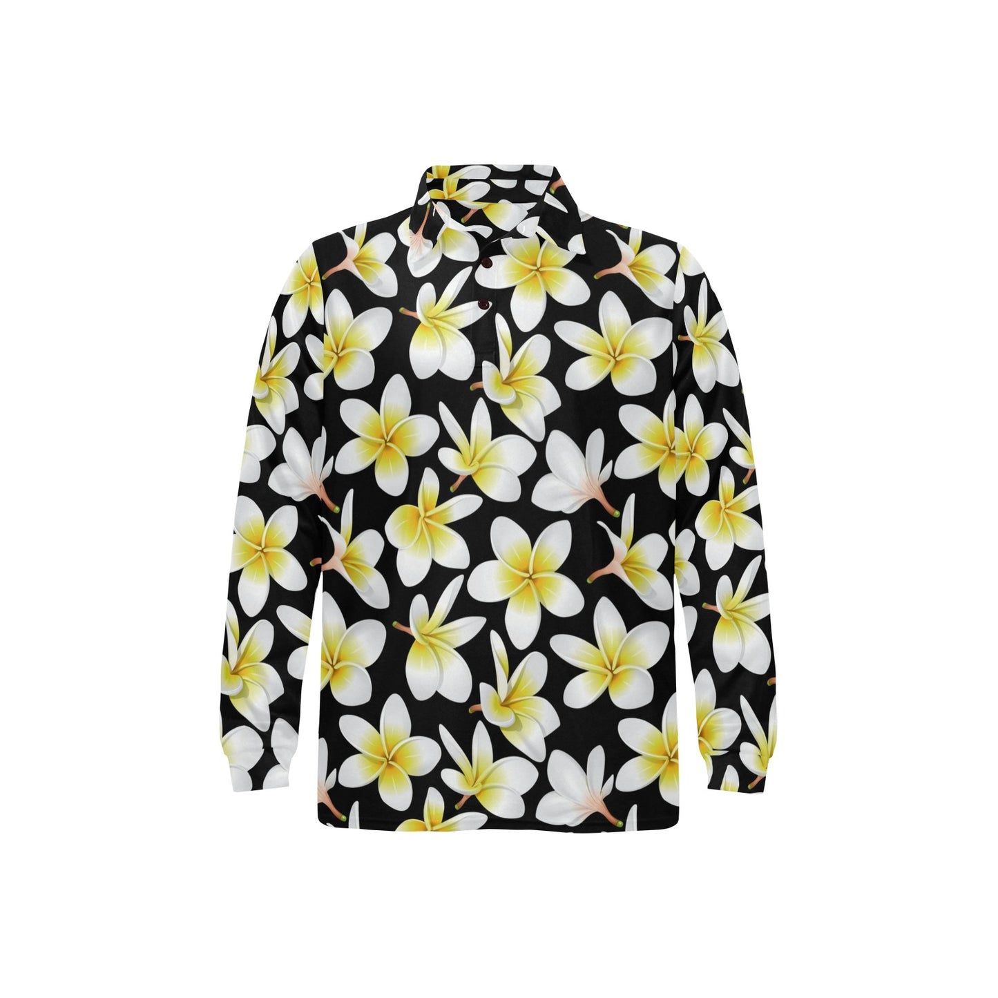 Yellow Plumeria Hawaiian Flowers Long Sleeve Polo Shirt For Men's