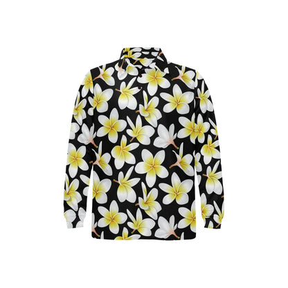 Yellow Plumeria Hawaiian Flowers Long Sleeve Polo Shirt For Men's