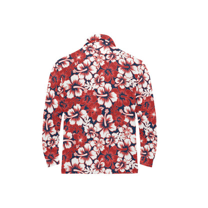 Red Hibiscus Pattern Print Design HB01 Long Sleeve Polo Shirt For Men's