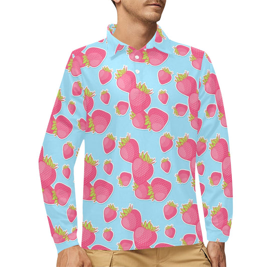 Strawberry Pattern Print Design SB04 Long Sleeve Polo Shirt For Men's