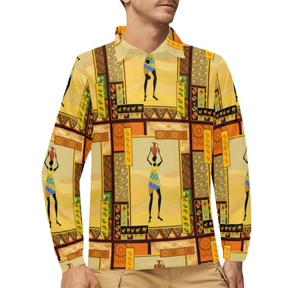 African Girl Design Long Sleeve Polo Shirt For Men's