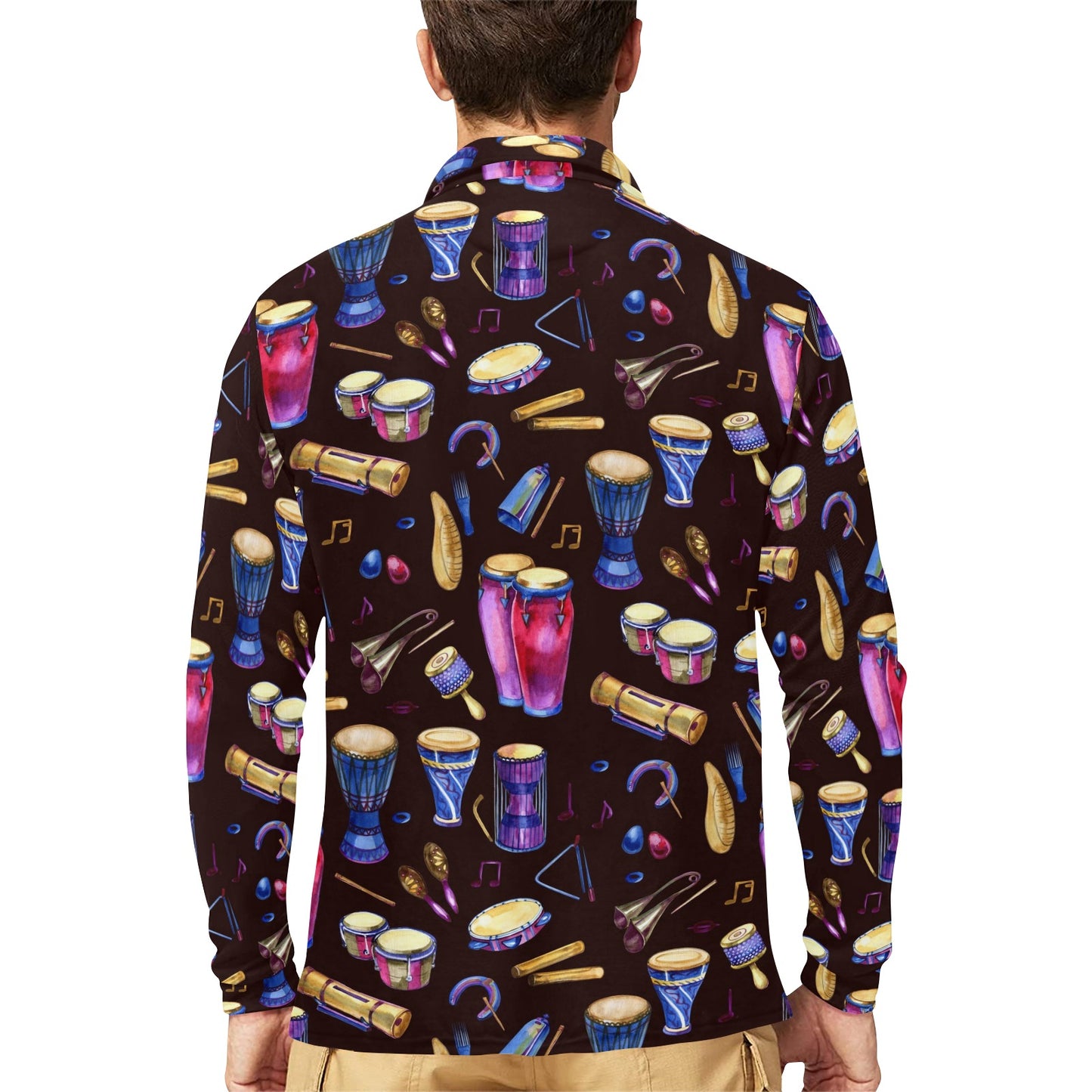 Percussion Neon Pattern Print Design 04 Long Sleeve Polo Shirt For Men's