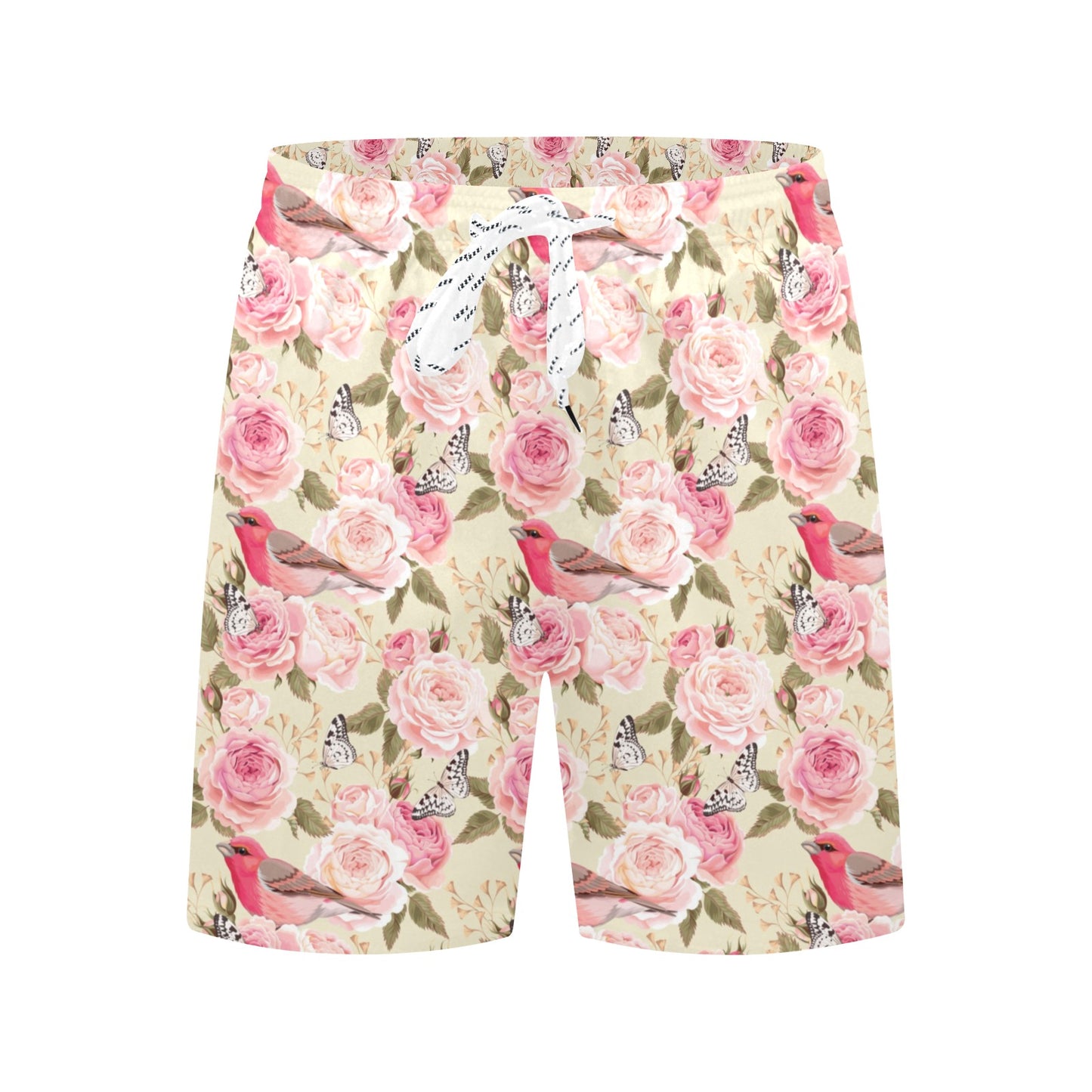 Bird Butterfly Pink Flower Print Pattern Men's Swim Trunks Beach Shorts