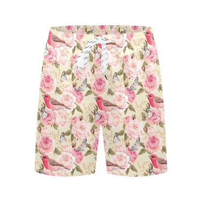 Bird Butterfly Pink Flower Print Pattern Men's Swim Trunks Beach Shorts