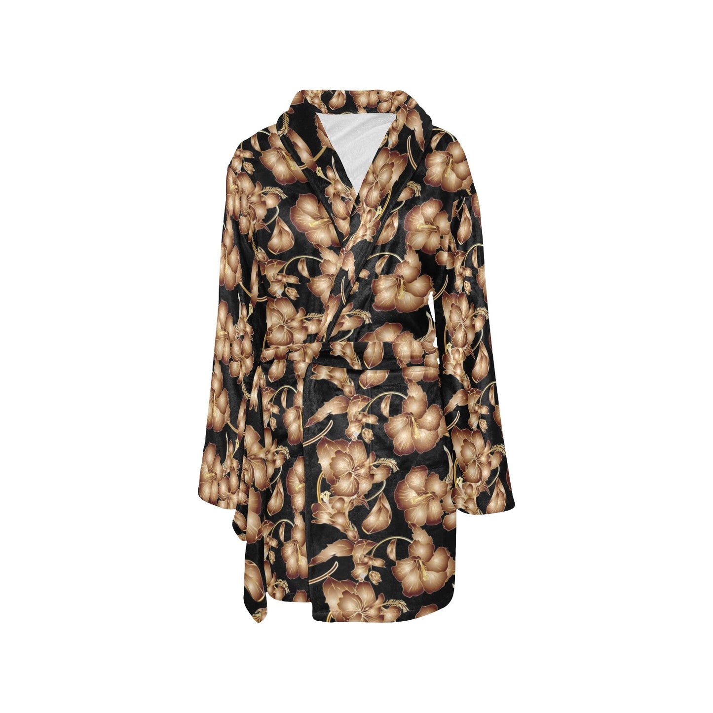 Brown Hibiscus Pattern Print Design HB06 Women's Fleece Robe