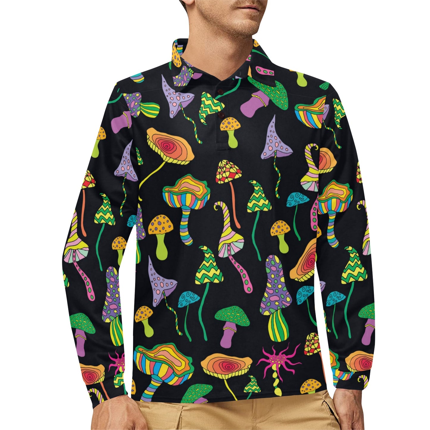 Psychedelic Mushroom Pattern Print Design A02 Long Sleeve Polo Shirt For Men's