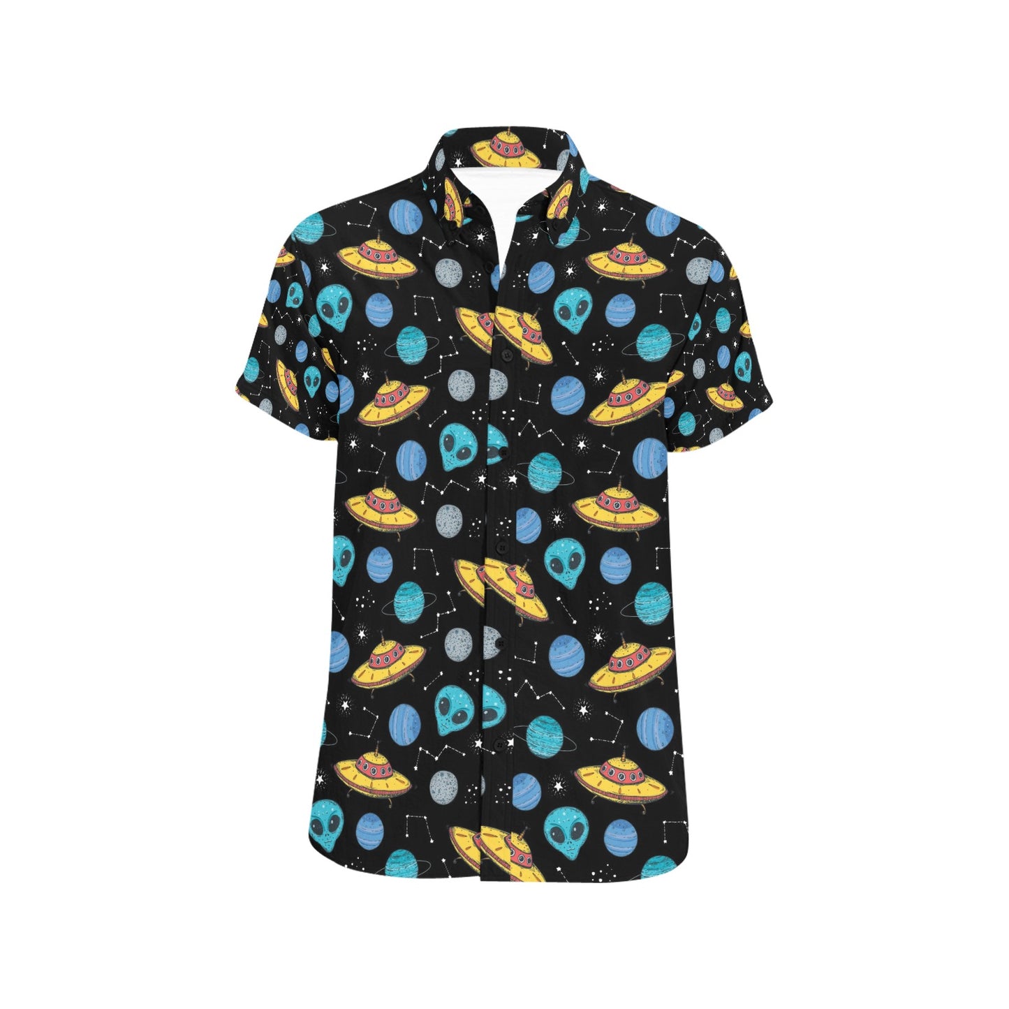 UFO Alien Print Design LKS306 Men Short Sleeve Button Up Shirt