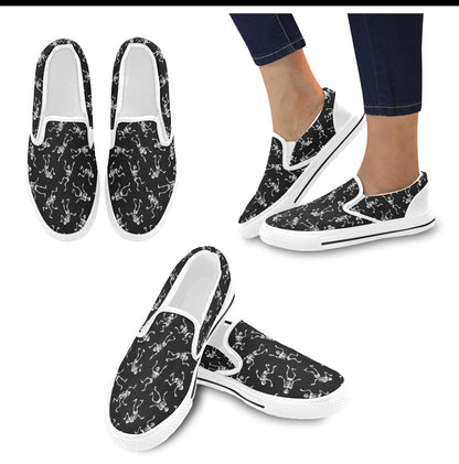 Skeleton Print Design LKS305 White Slip Ons Canvas Women's Shoes