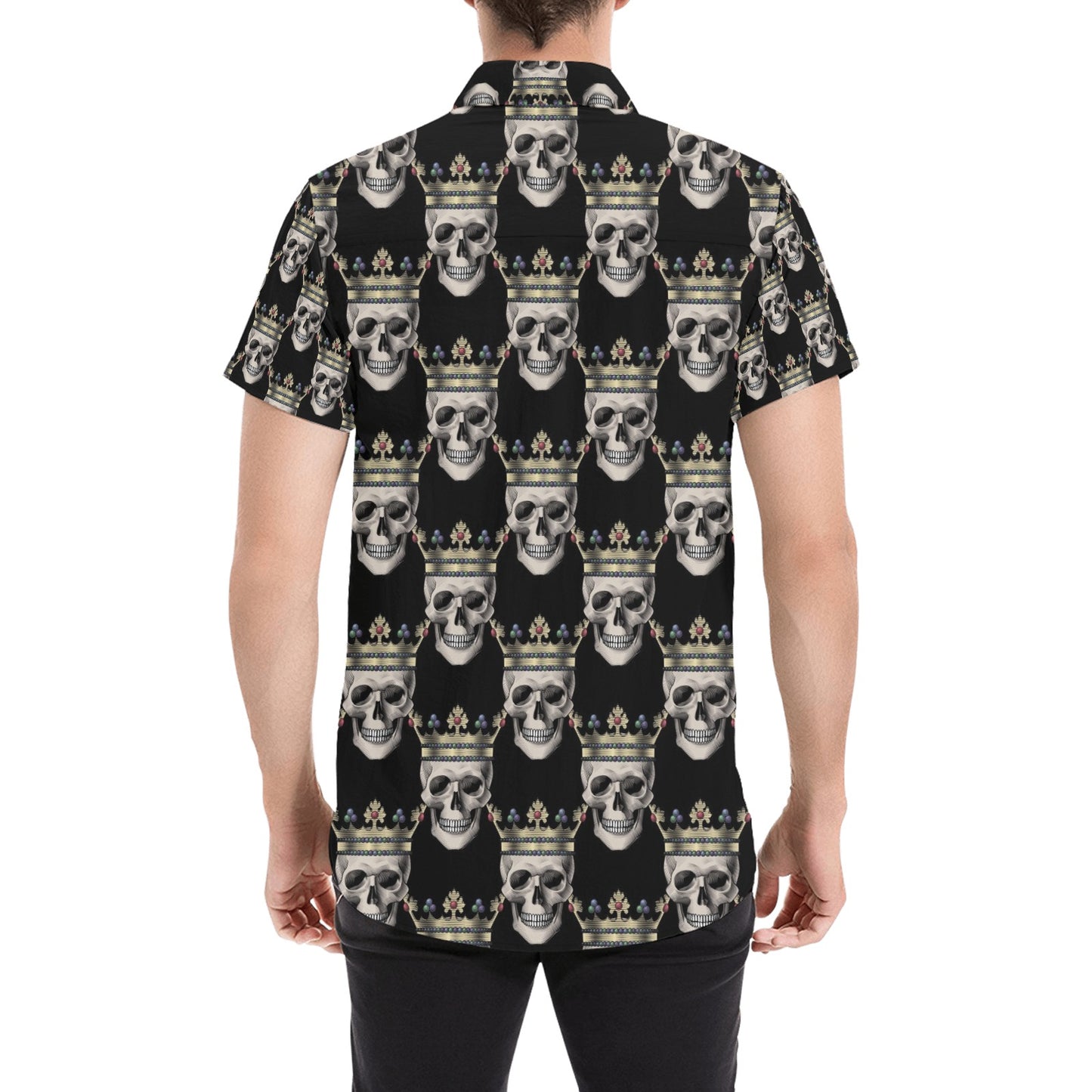 Skull King Print Design LKS3010 Men Short Sleeve Button Up Shirt
