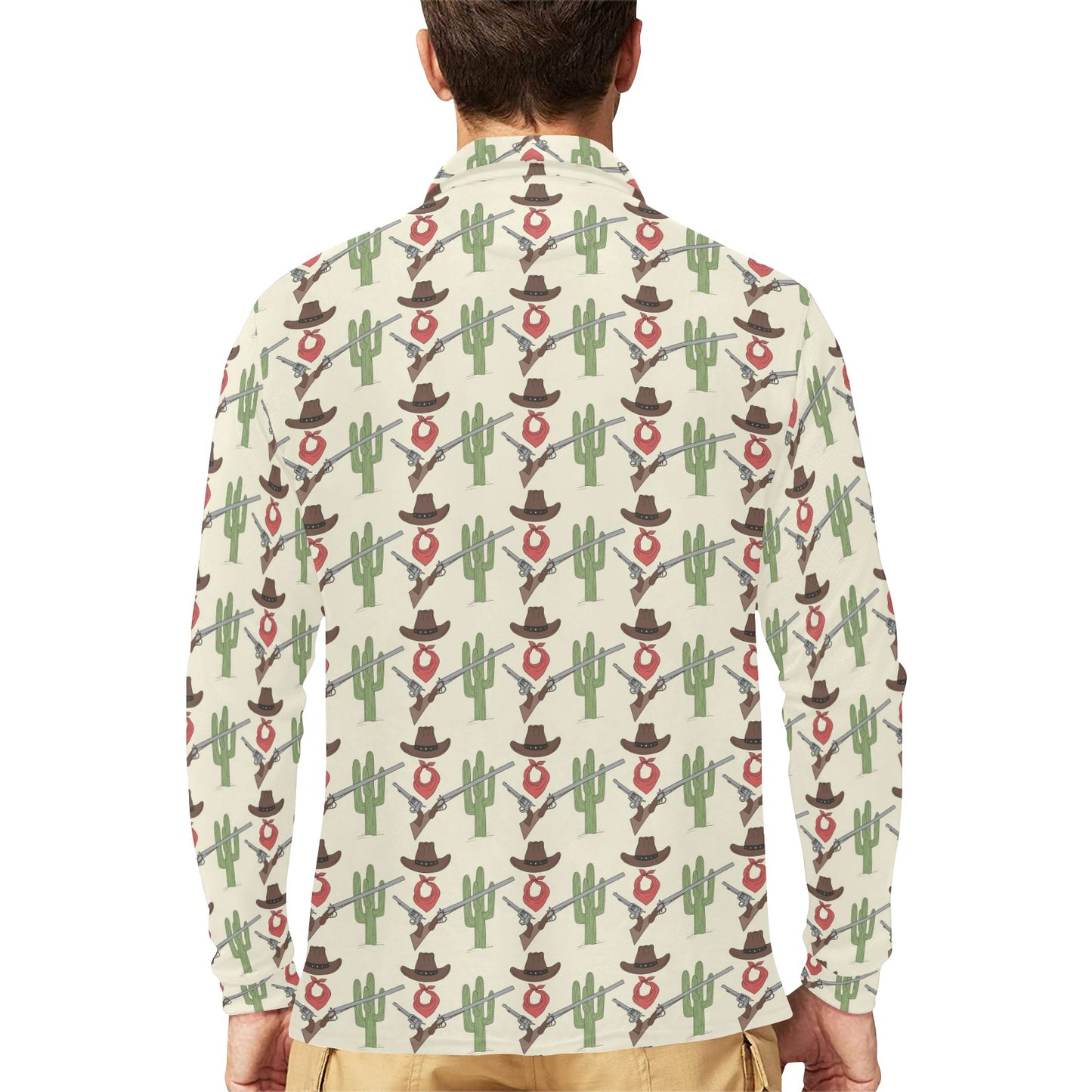 Western Cowboy Print Long Sleeve Polo Shirt For Men's