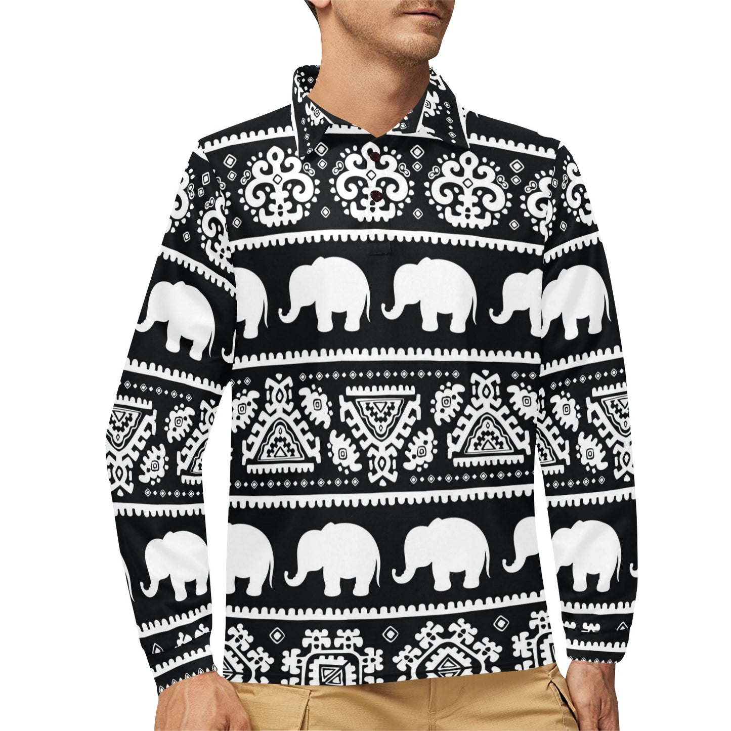Elephant Pattern Long Sleeve Polo Shirt For Men's