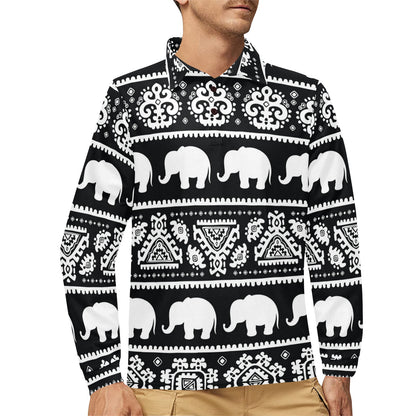 Elephant Pattern Long Sleeve Polo Shirt For Men's