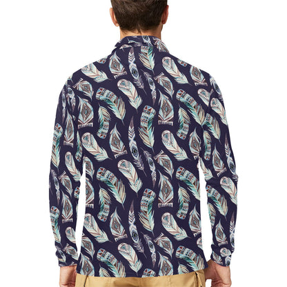 Feather Vintage Boho Design Print Long Sleeve Polo Shirt For Men's