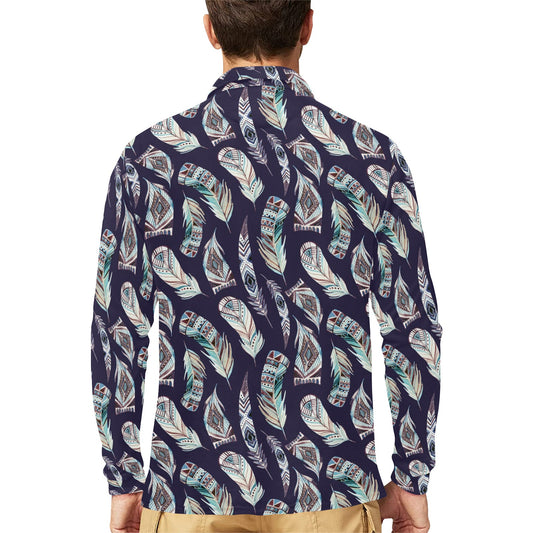 Feather Vintage Boho Design Print Long Sleeve Polo Shirt For Men's