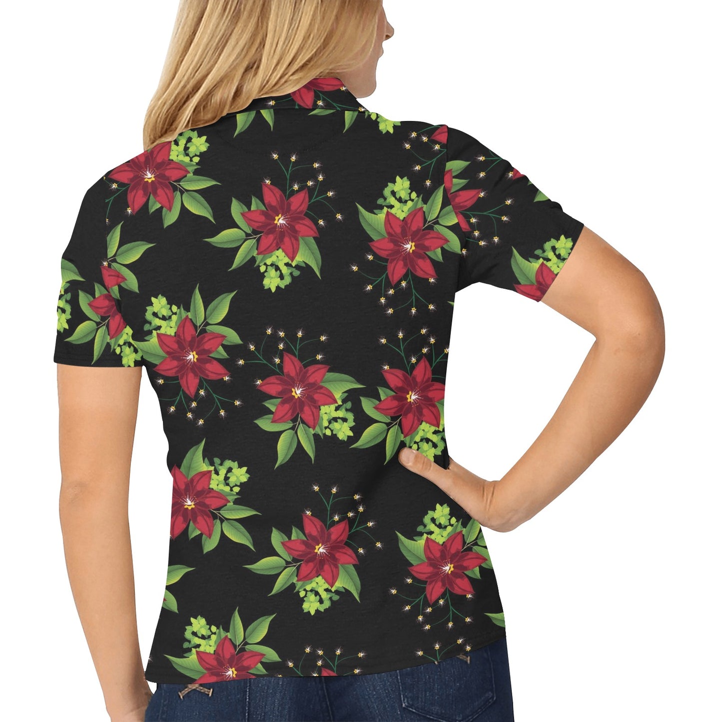 Poinsettia Pattern Print Design A01 Women's Polo Shirt