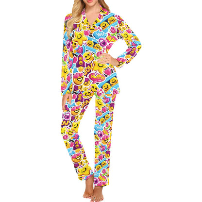 Emoji Sticker Print Pattern Women's Long Pajama Set