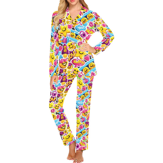 Emoji Sticker Print Pattern Women's Long Pajama Set