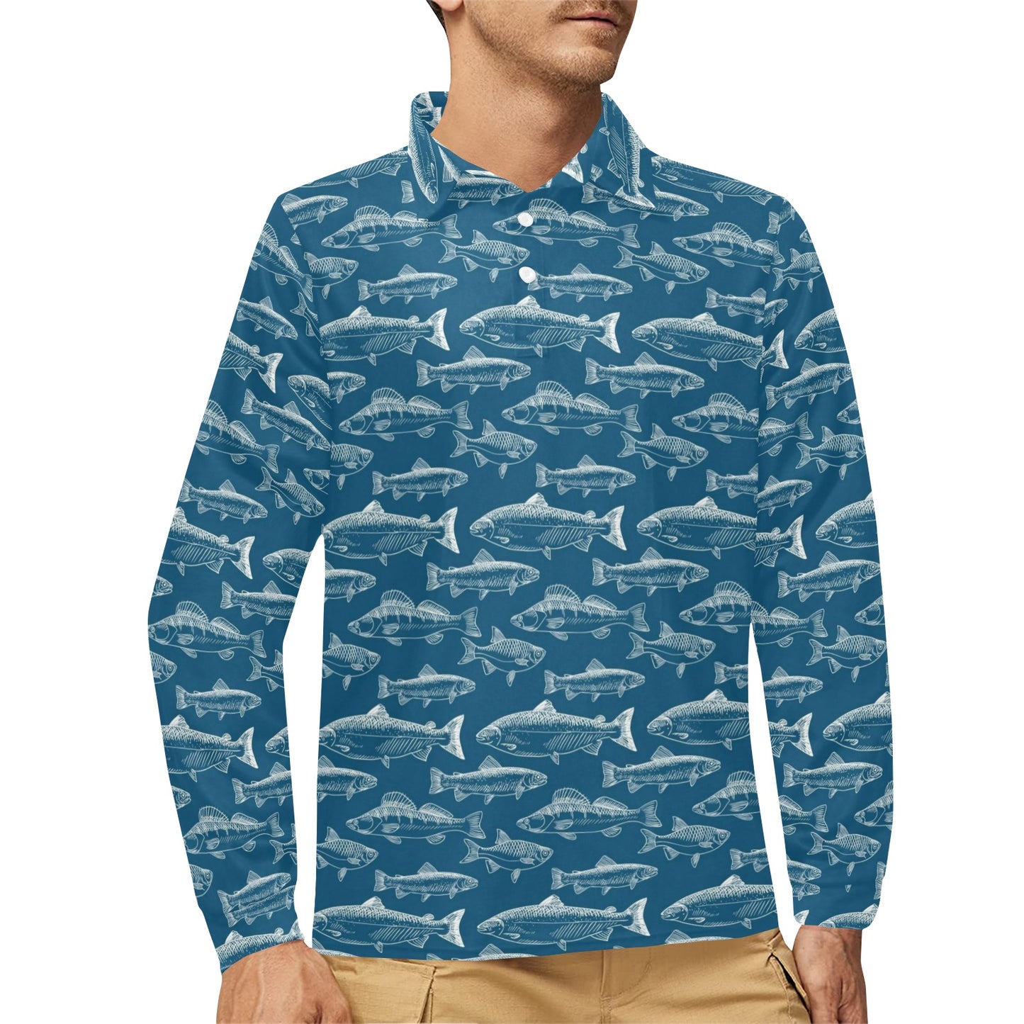 Salmon Fish Print Design LKS301 Long Sleeve Polo Shirt For Men's