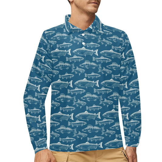 Salmon Fish Print Design LKS301 Long Sleeve Polo Shirt For Men's