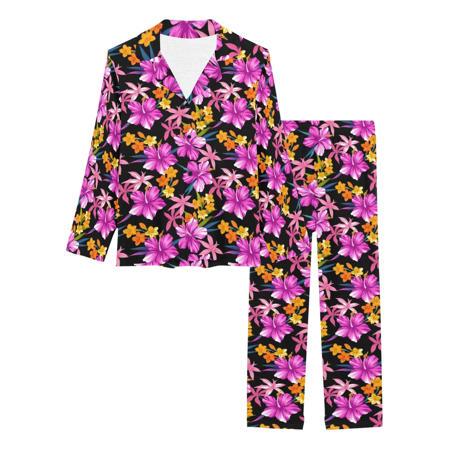 Tropical Folower Pink Hibiscus Print Women's Long Pajama Set