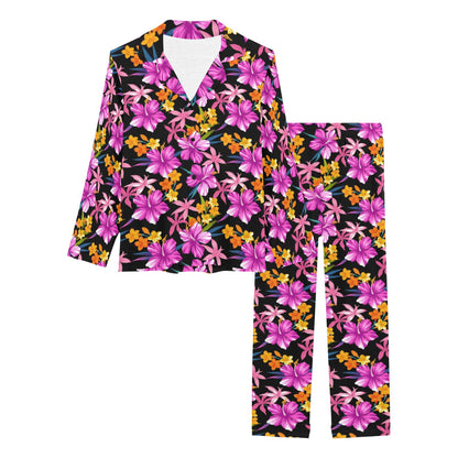Tropical Folower Pink Hibiscus Print Women's Long Pajama Set