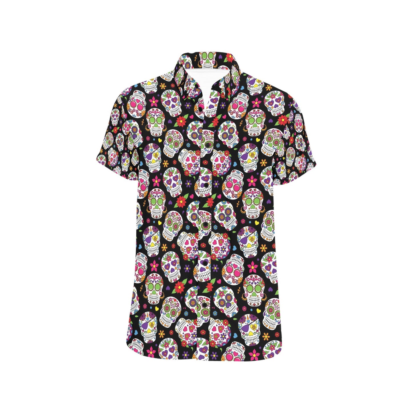 Sugar Skull Print Design LKS302 Men Short Sleeve Button Up Shirt