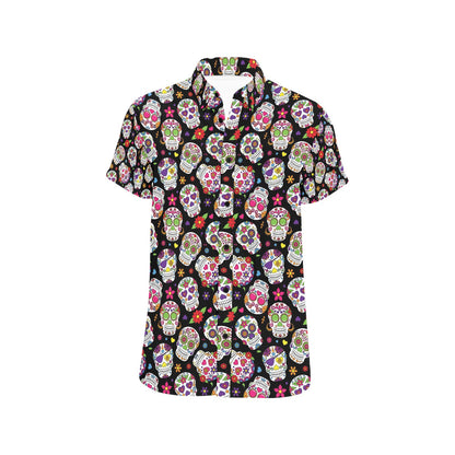 Sugar Skull Print Design LKS302 Men Short Sleeve Button Up Shirt