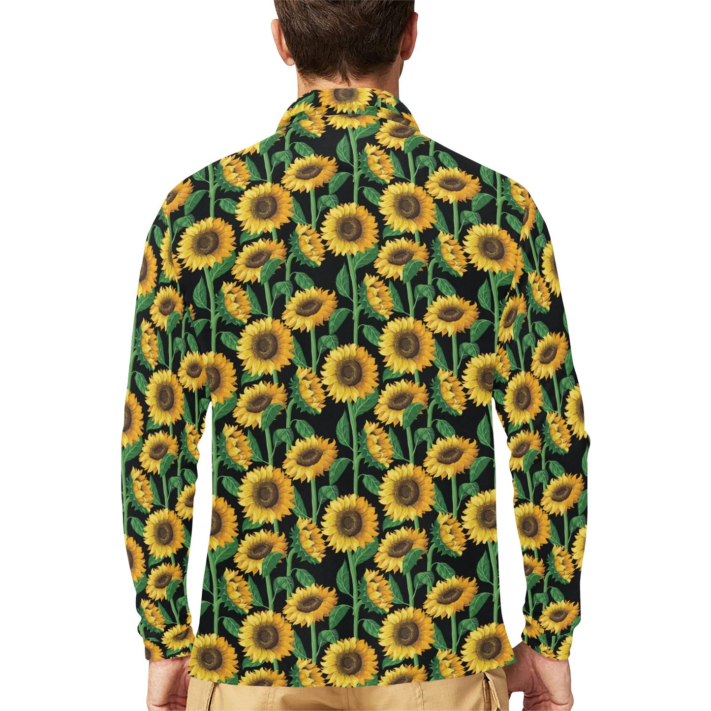 Sunflower Realistic Print Pattern Long Sleeve Polo Shirt For Men's