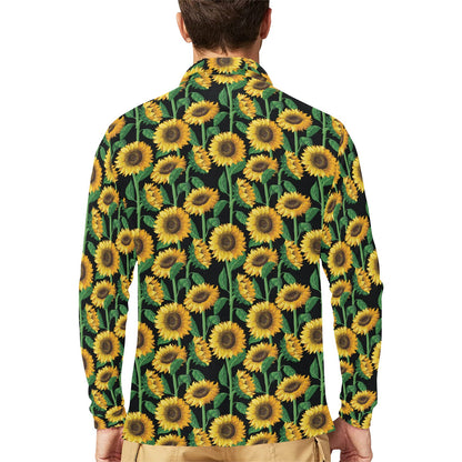 Sunflower Realistic Print Pattern Long Sleeve Polo Shirt For Men's