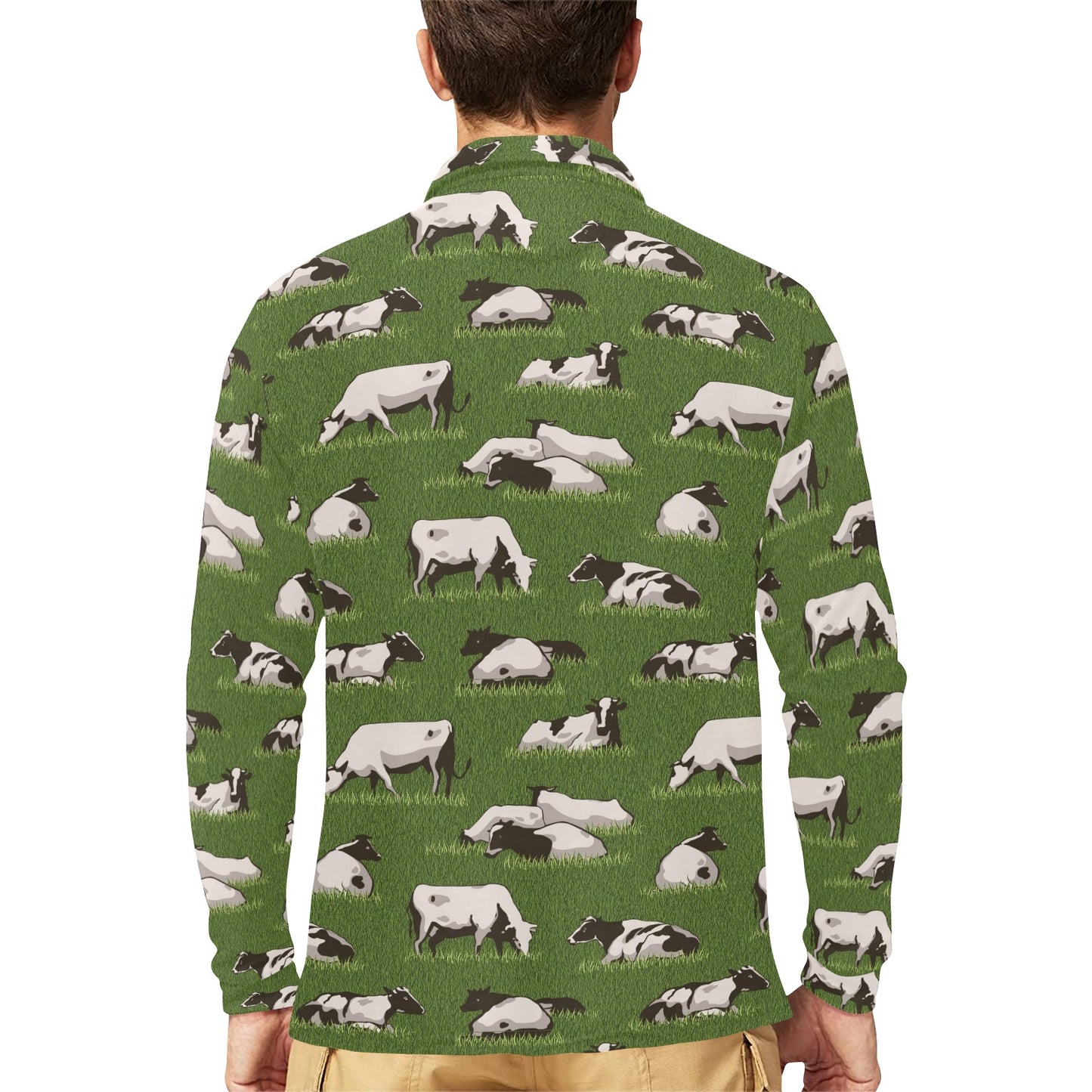 Cow on Grass Print Pattern Long Sleeve Polo Shirt For Men's