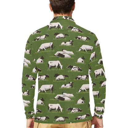 Cow on Grass Print Pattern Long Sleeve Polo Shirt For Men's