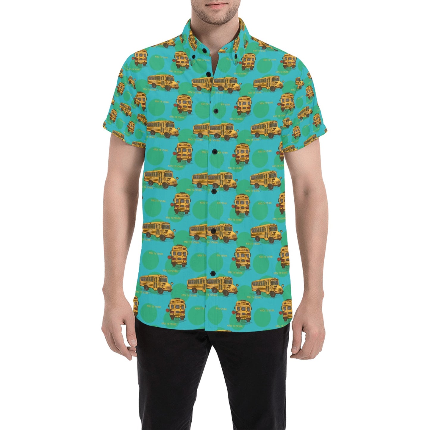 School Bus Print Design LKS308 Men Short Sleeve Button Up Shirt