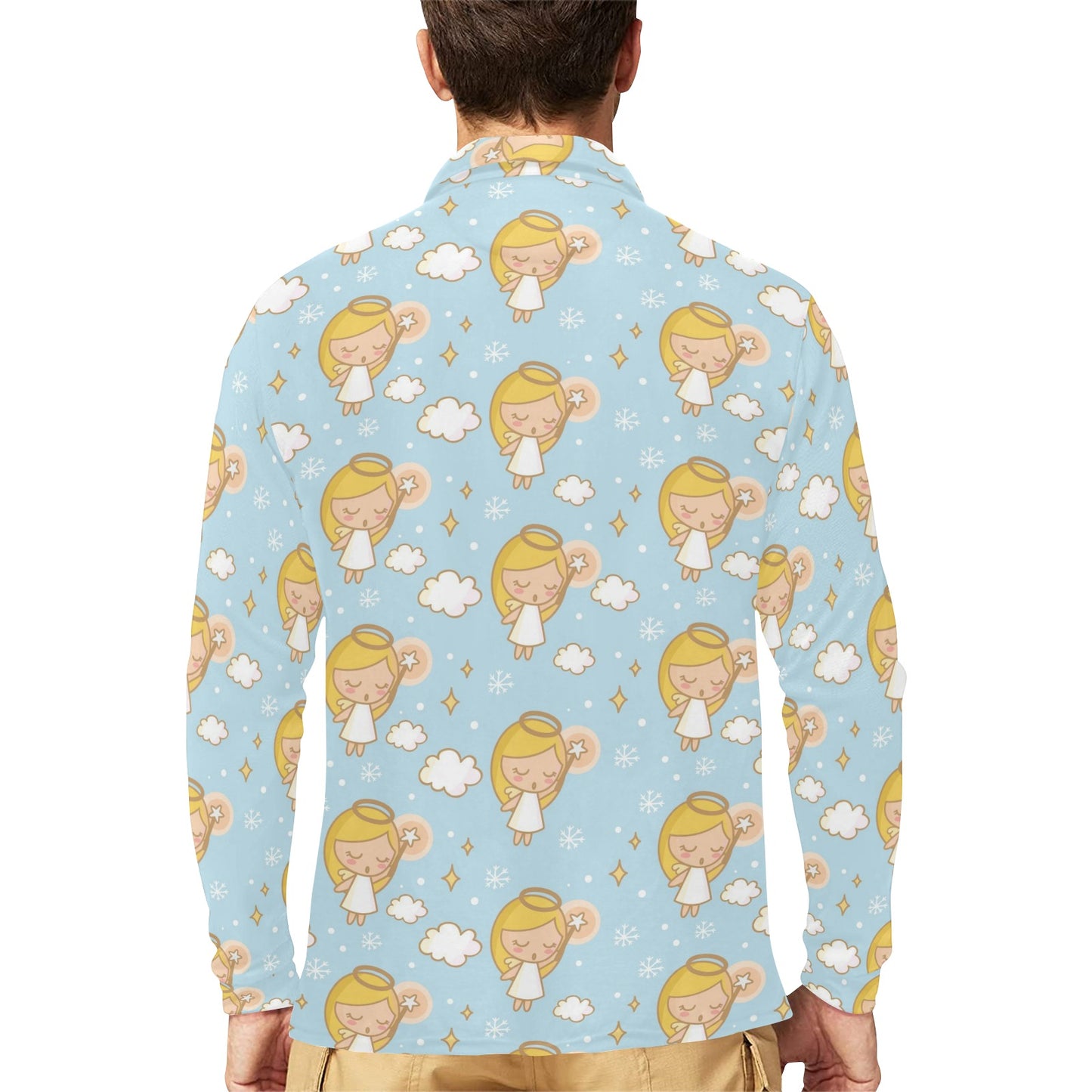 Angel Pattern Print Design 05 Long Sleeve Polo Shirt For Men's