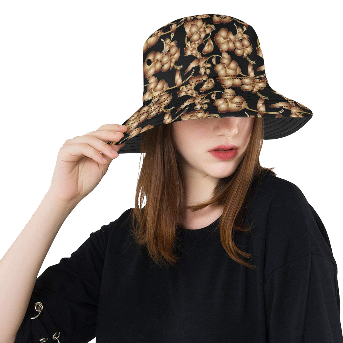 Brown Hibiscus Pattern Print Design HB06 Unisex Bucket Hat