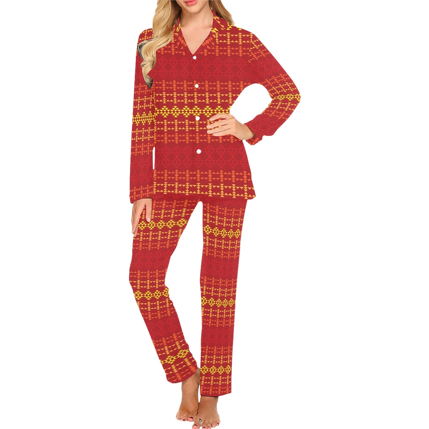 Southwest Red Gold Design Themed Print Women's Long Pajama Set