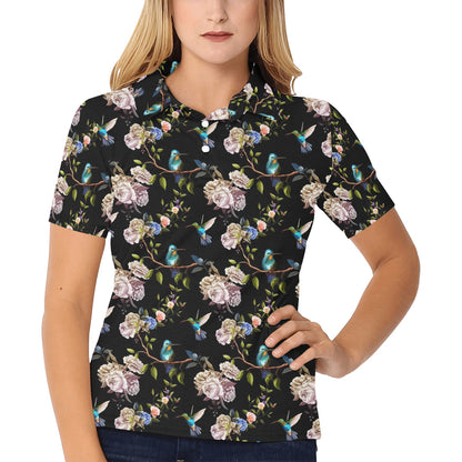 Hummingbird Flower Themed Print Women's Polo Shirt