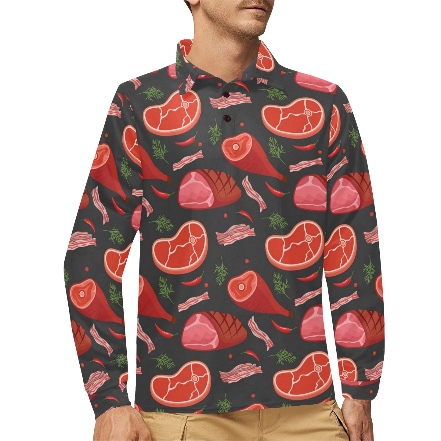 Meat Pattern Print Design 03 Long Sleeve Polo Shirt For Men's