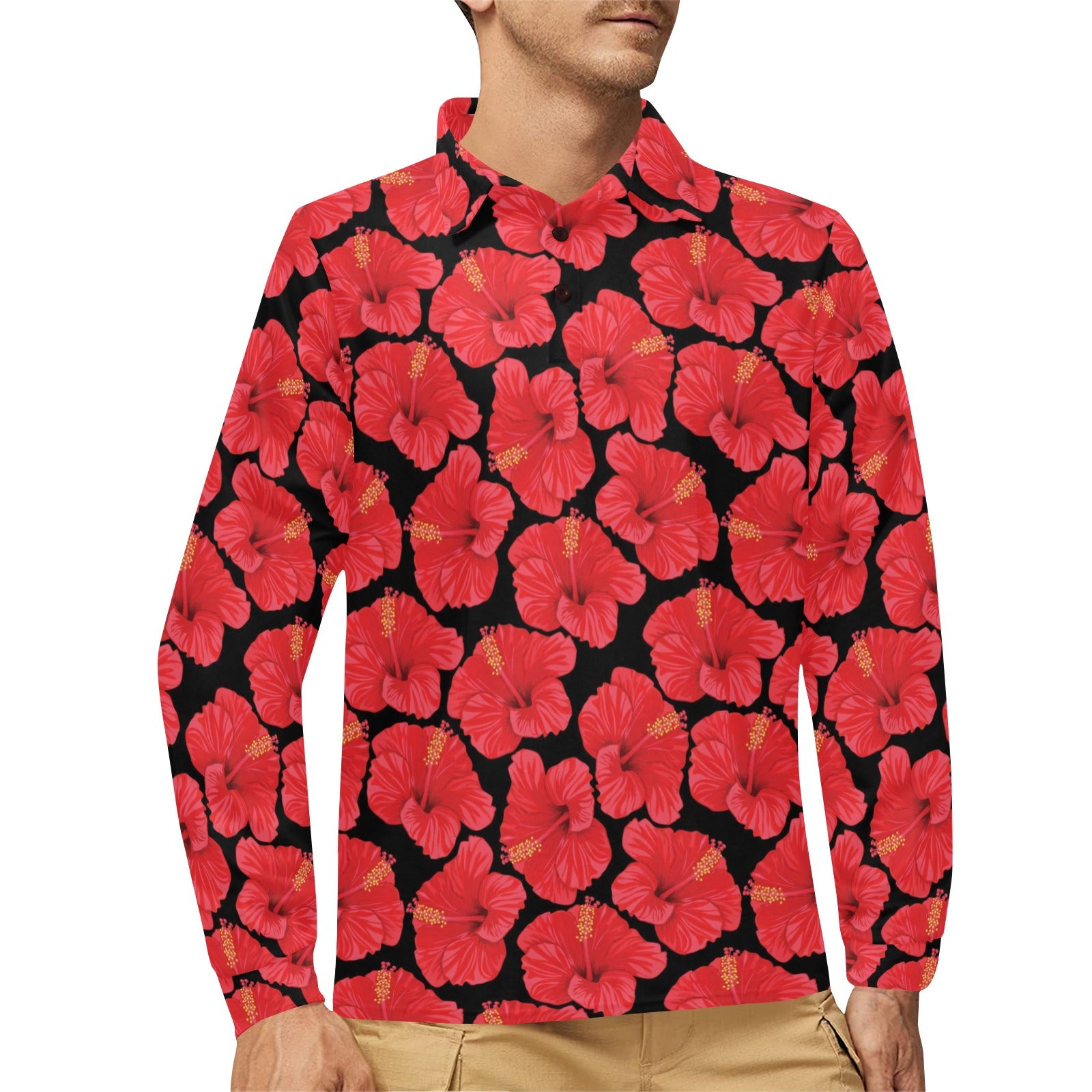 Hibiscus Red Pattern Print Design LKS306 Long Sleeve Polo Shirt For Men's