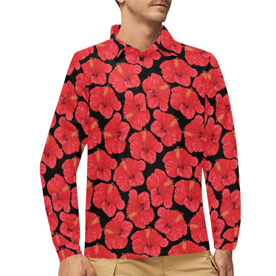 Hibiscus Red Pattern Print Design LKS306 Long Sleeve Polo Shirt For Men's