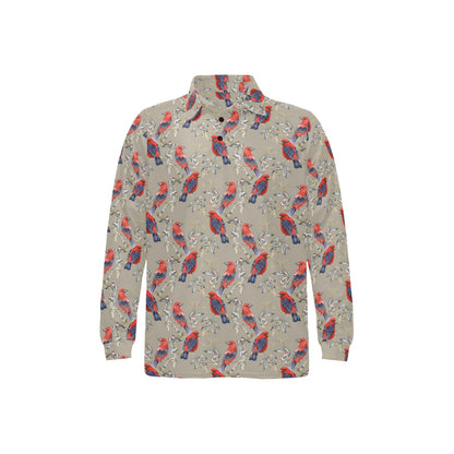 Birds Pattern Print Design 05 Long Sleeve Polo Shirt For Men's