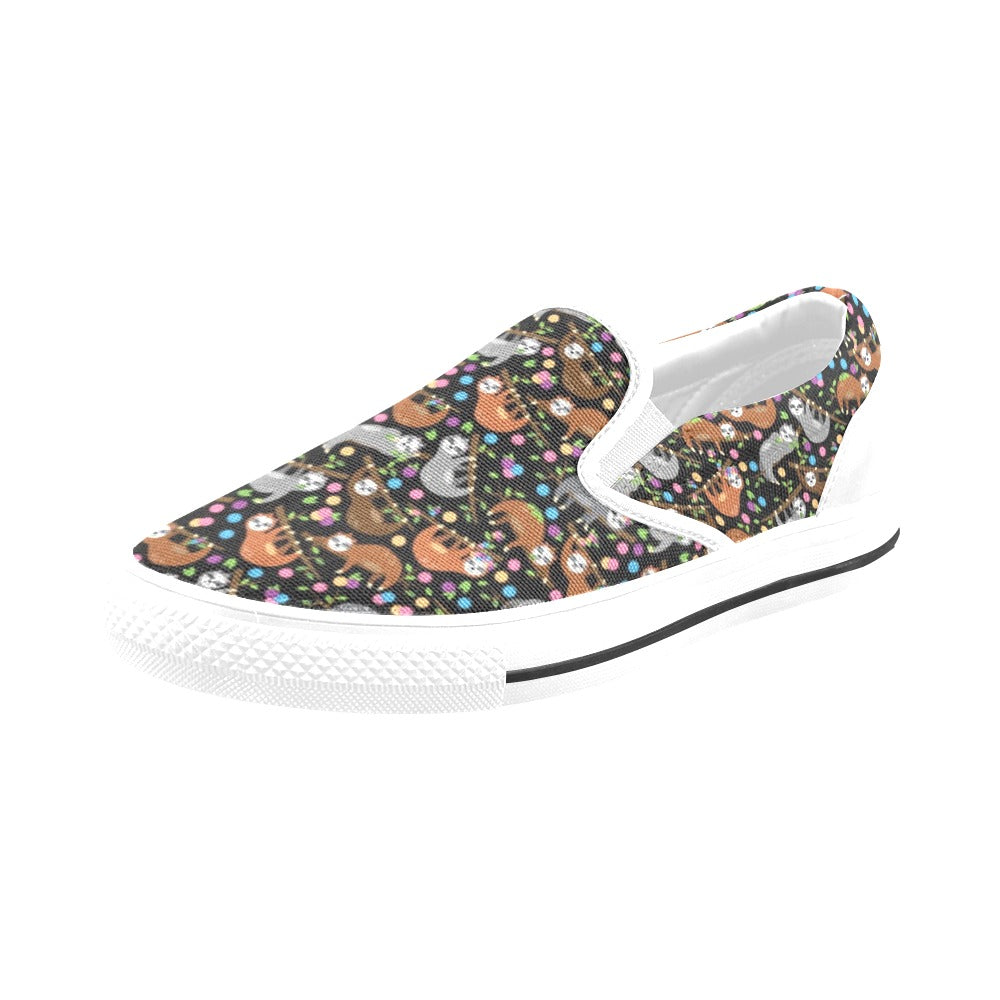 Sloth Print Design LKS306 White Slip Ons Canvas Women's Shoes