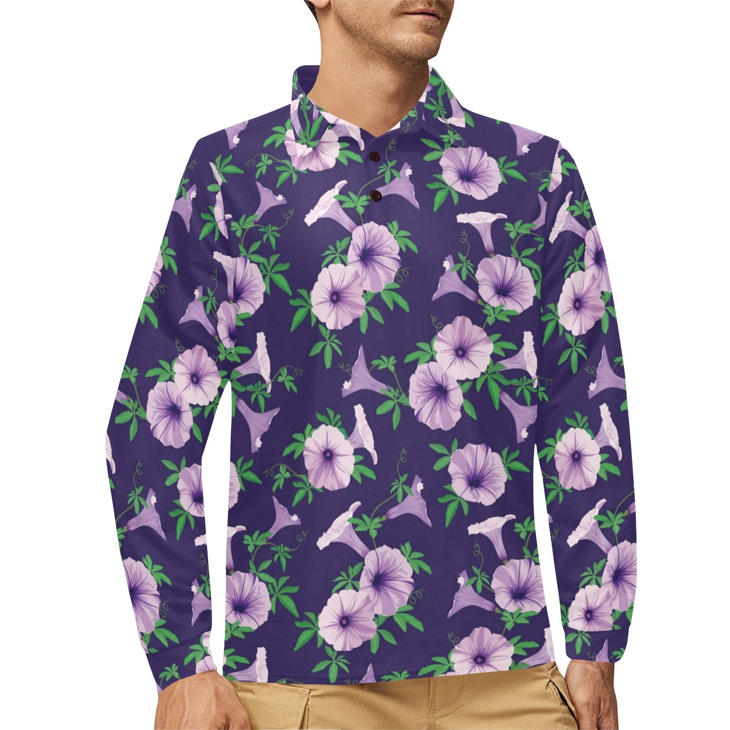 Morning Glory Pattern Print Design MG01 Long Sleeve Polo Shirt For Men's