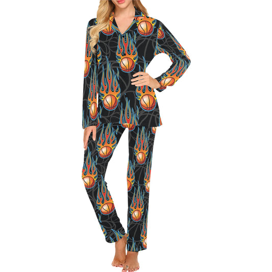 Basketball Fire Print Pattern Women's Long Pajama Set