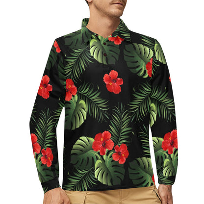 Red Hibiscus Tropical Long Sleeve Polo Shirt For Men's