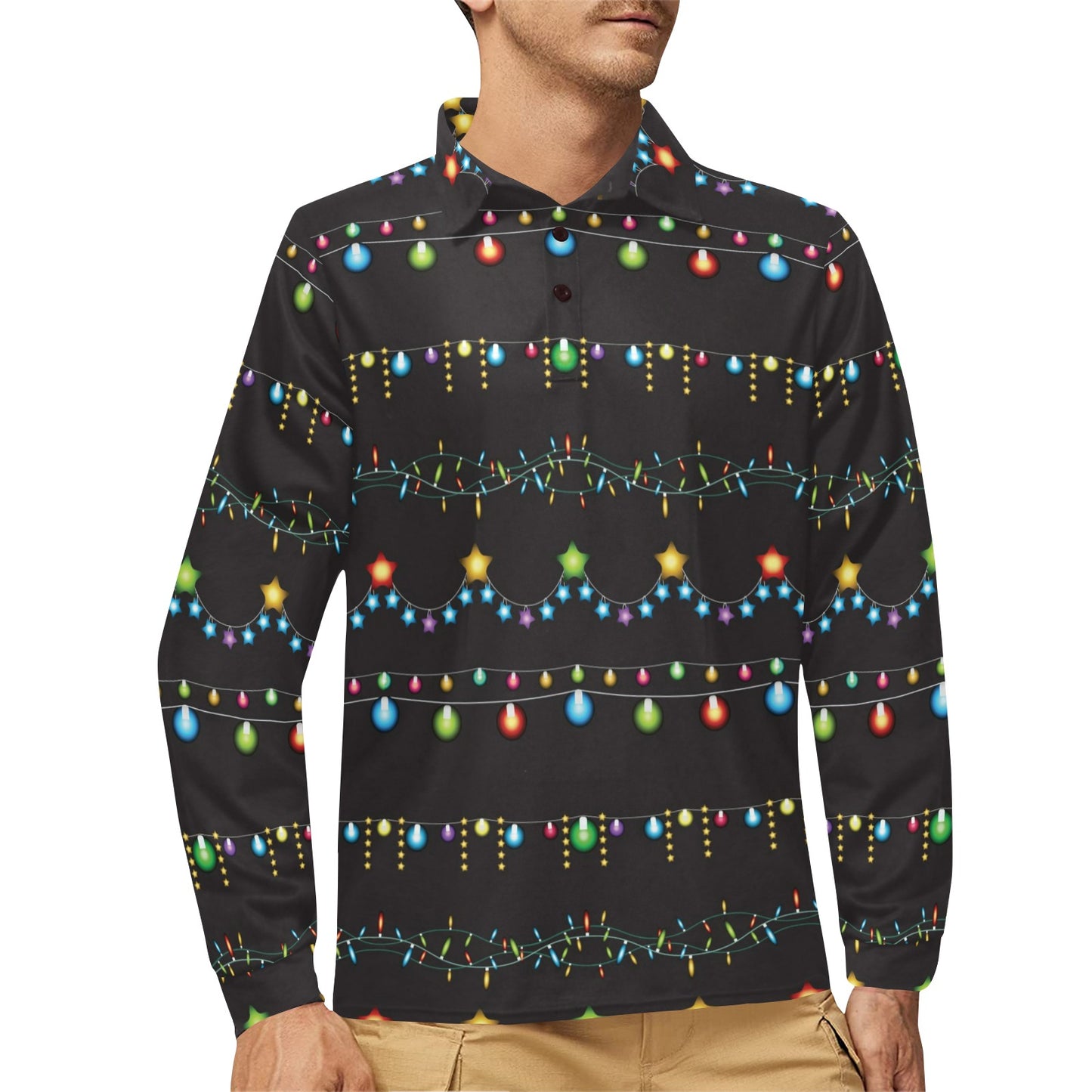 Christmas Light Pattern Print Design 01 Long Sleeve Polo Shirt For Men's